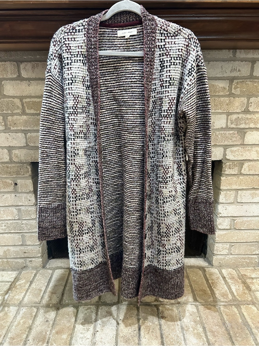 cleo Open-Front Patterned Cardigan in Cream and Brown EUC